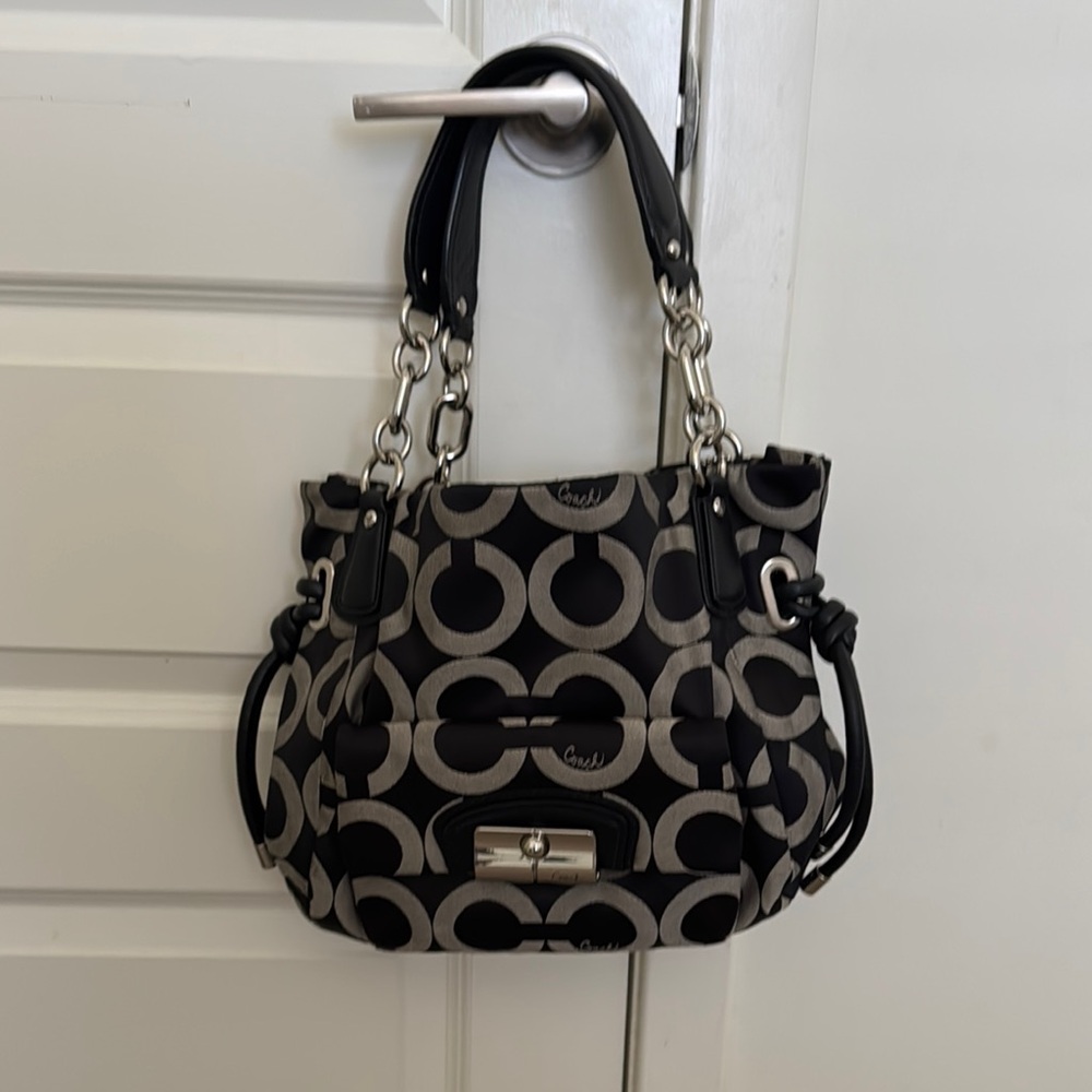 Coach Black and Gray Shoulder Bag with Signature Monogram